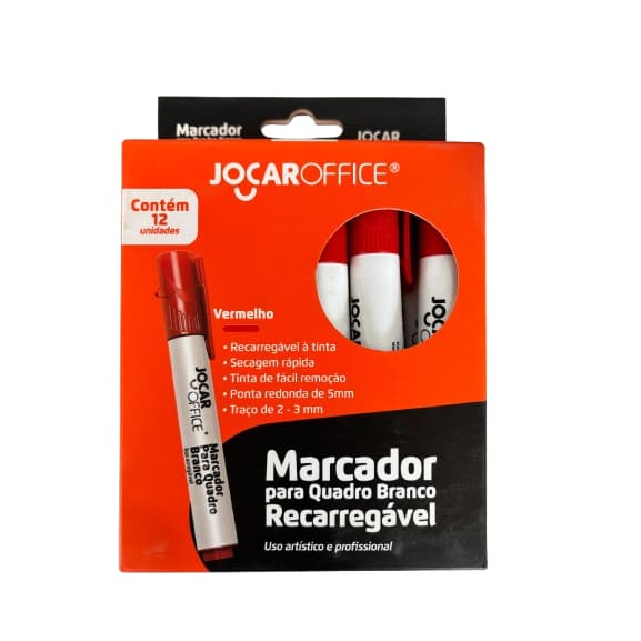 Kit Marcador para Quadro Branco Vermelho Recarregável 12 Unidades Jocar Office