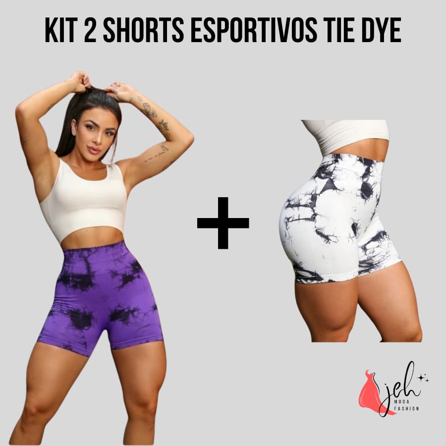 Kit 2 Shorts Fitness Femininos Cintura Alta Sem Costura – Tie-Dye e Efeito Realçador de Curvas