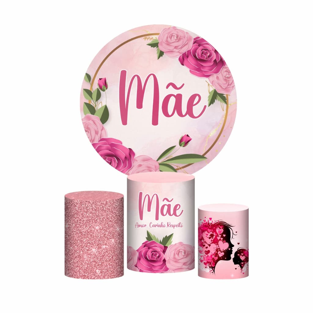 Trio Capas Cilindros + Painel Redondo Dia das Mães em Tecido