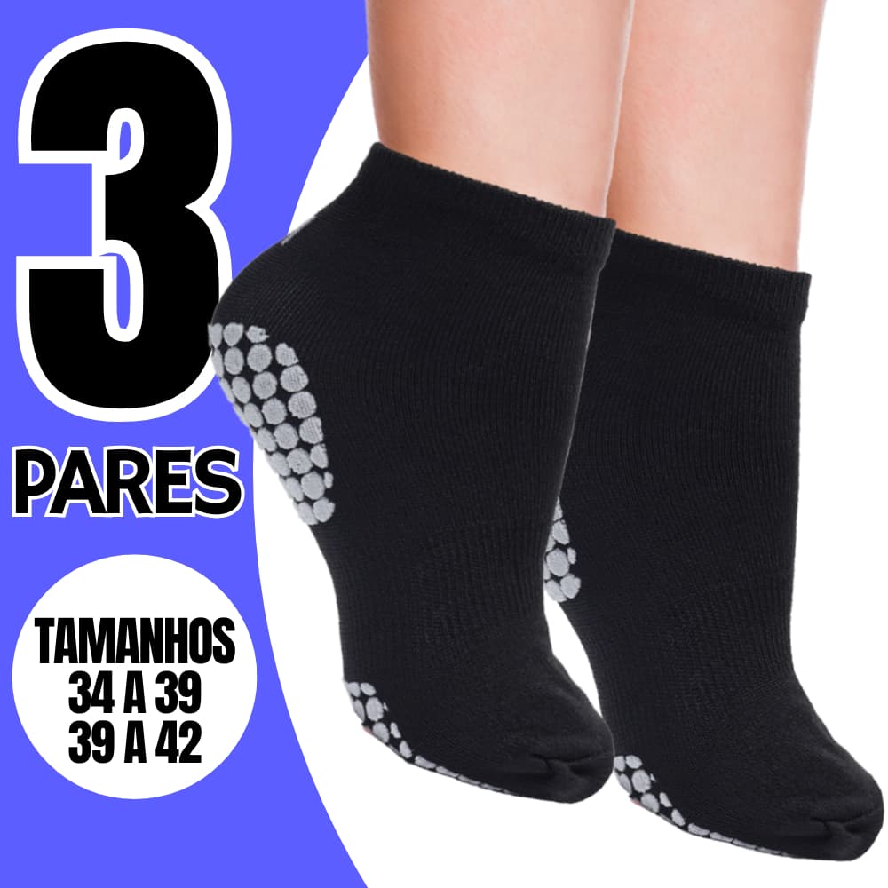 3 Pares Meia Antiderrapante Hidroginástica 34 a 39  Pilates Yoga  Preto Branco Cinza Azul adulto juvenil hidro idoso