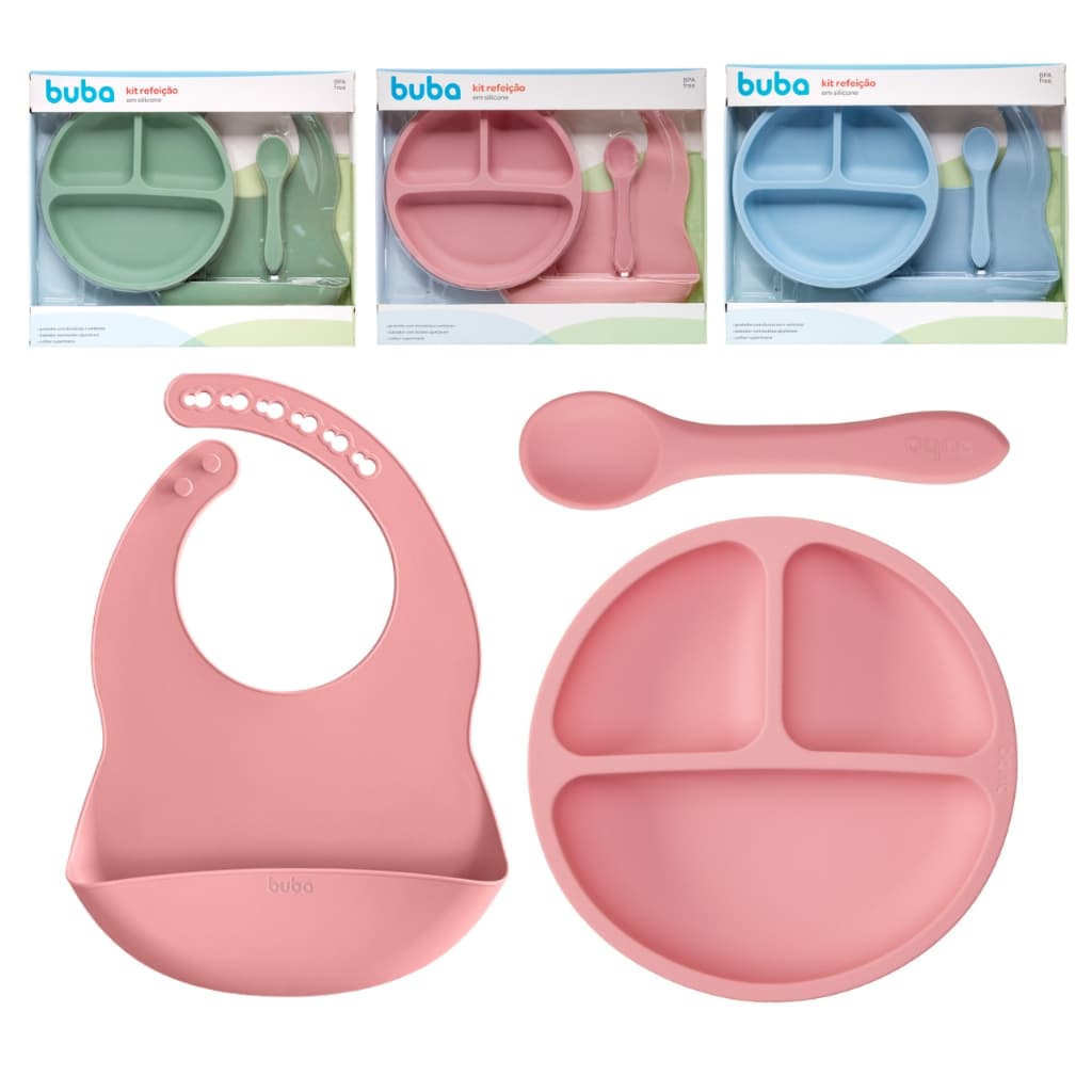 Kit Alimentação Buba Prato de Silicone com Ventosa Babador e Colher Bebê Pratinho Kit Introdução Alimentar