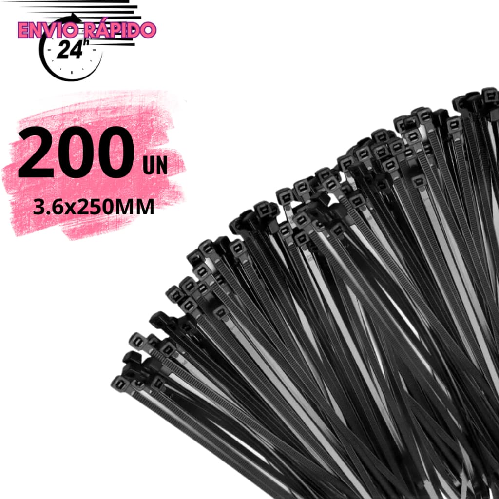 Abraçadeira Enforca Gato de Nylon 3,6mm x 250mm Pacote 200 Unidades Cintas Plásticas 25cm Preto Fita