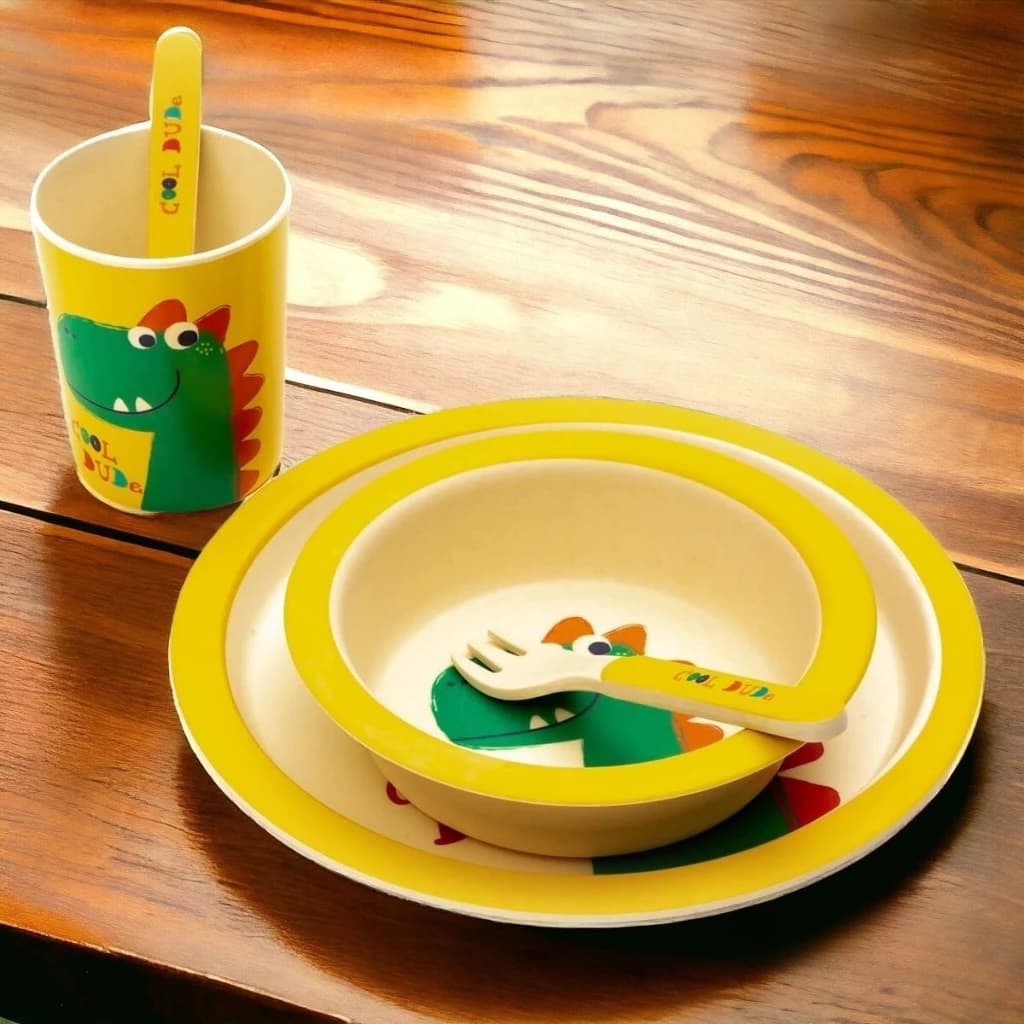 Kit Alimentação Infantil 5 Peças Prato Copo Talher Bambu