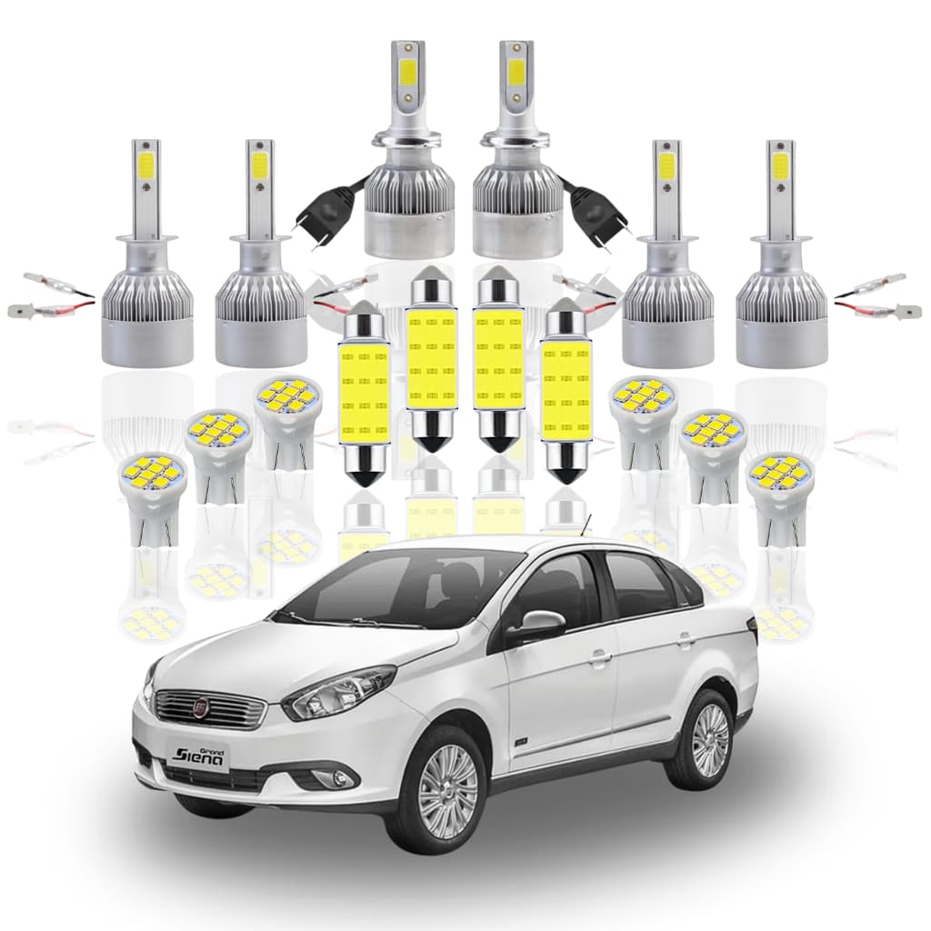 Kit Completo Lâmpada led Fiat Grand Siena ( Farol Alto Baixo Milha Farolete Ré Placa Teto ) pingo T10 H1 H7 H1 FORTE