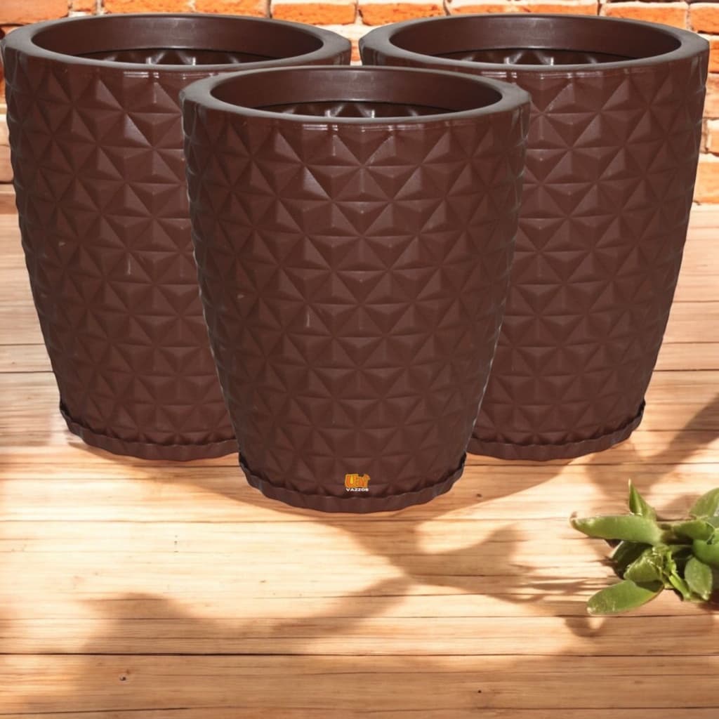 Kit 3 Vasos Decorativos 3D Polietileno Diamante Nº3 (35X42) Para Planta Casa Jardim C/Prato Coletor