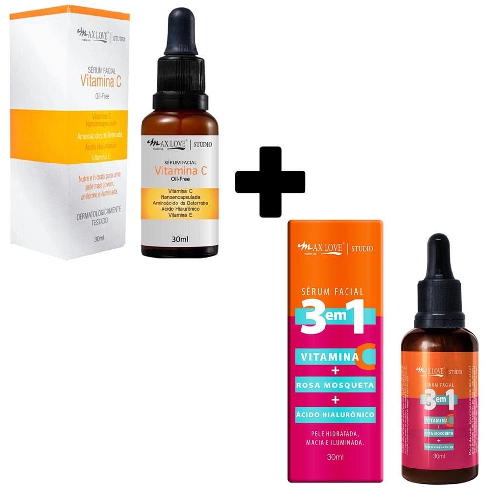 Kit c/ Sérum Facial Vitamina C e Sérum Facial 3 em 1 Max Love Com Hialuronico VItamina E Hidratante