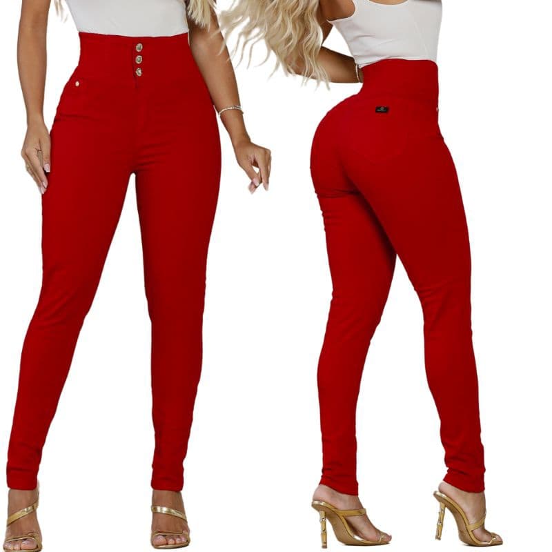 Calça Jeans feminina Modeladora Cintura cós alto calça feminina Vermelha e Verde empina bumbum Jeans PREMIUM Luxo LAYCRA