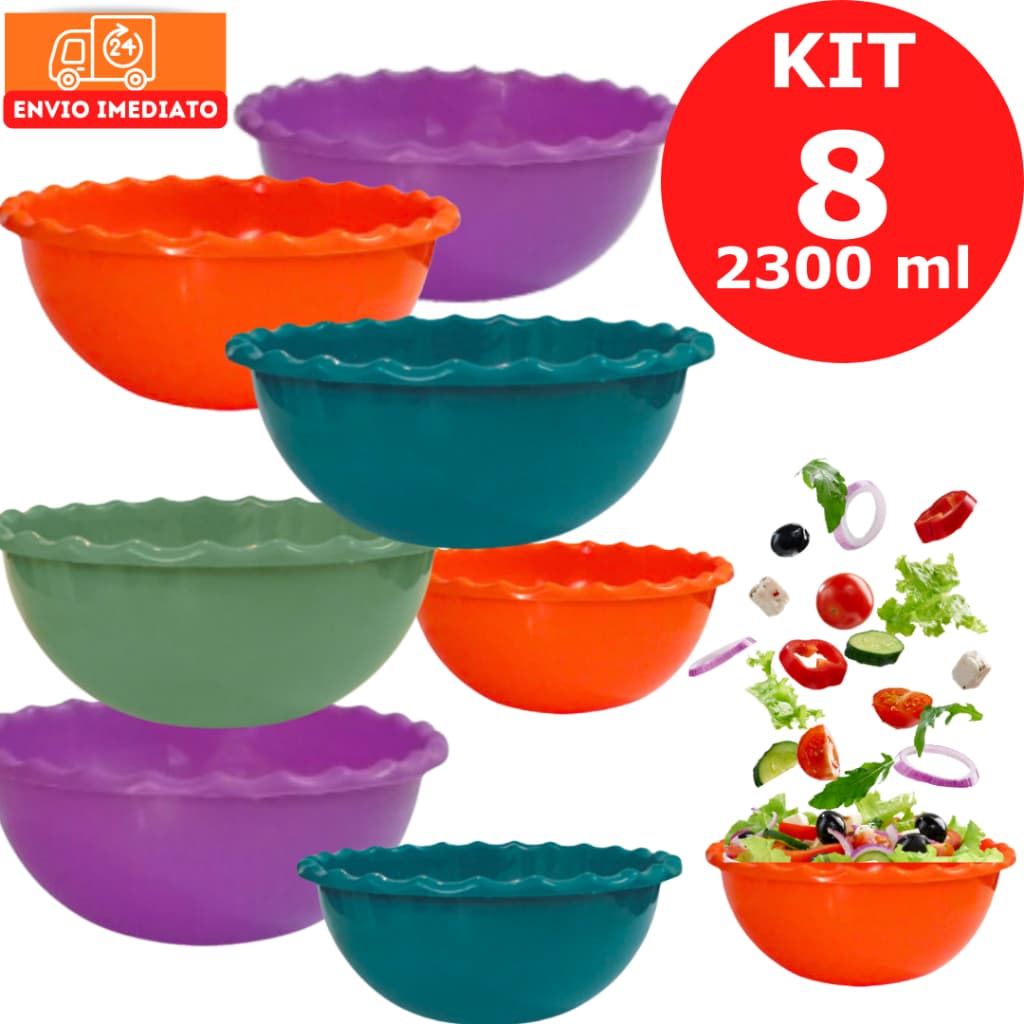 Kit 8 Tigelas Saladeiras Grandes Cores Sortidas Sem Tampa 2300ml