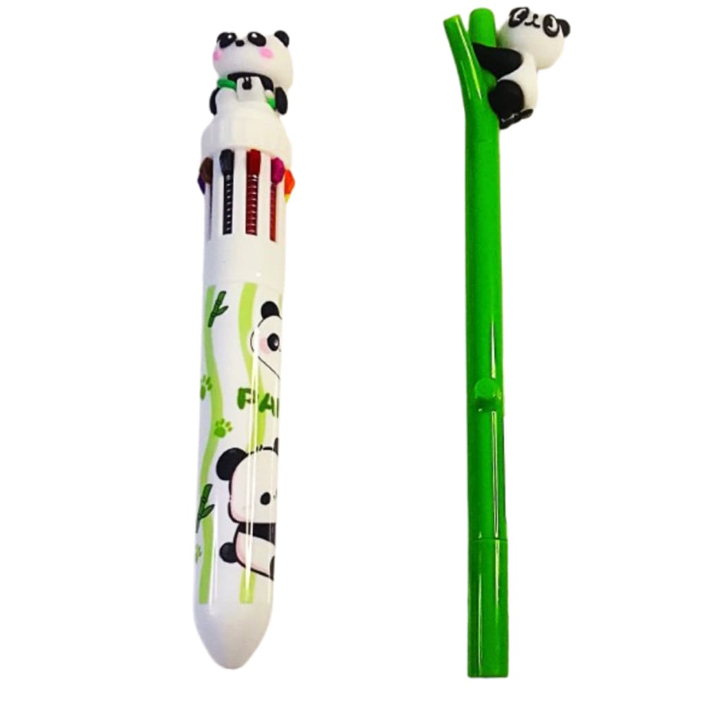 Kit Canetas Urso Panda Encantado - 1 Caneta Gel 0,5 mm e 1 Caneta Esferográfica 10 Cores