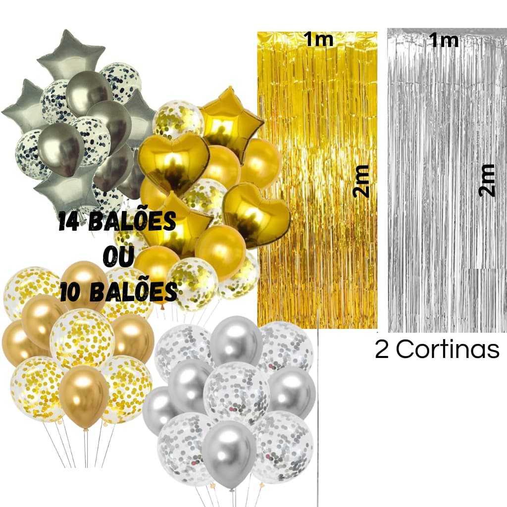 Kit - 2 Cortinas Metalizadas + Kit 10 ou 14 balões metalizados - Sua Escolha