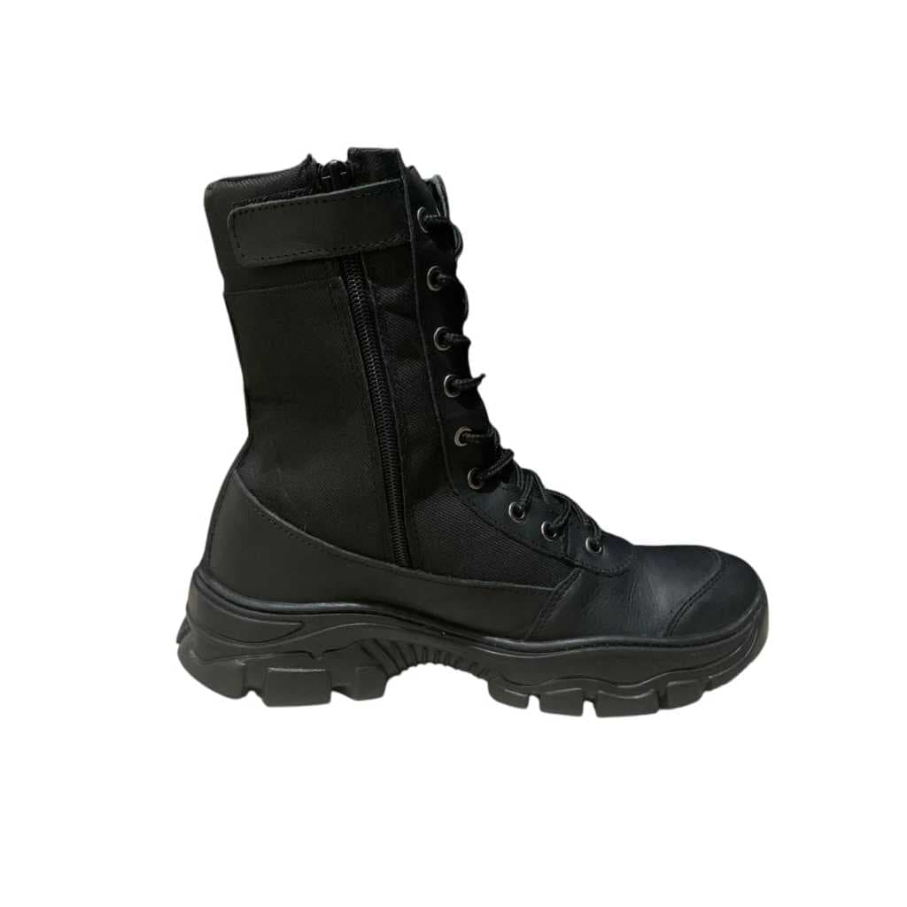 Bota Coturno Militar Com Zíper Couro Legítimo Antiderrapante Blaqueado Costurado