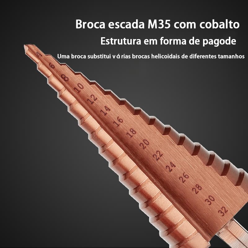 Broca Escalonada MObyat 4-12/20/32mm, HSSCO Aço Rápido, 3 Peças - Ideal para Aço Inoxidável e Metais
