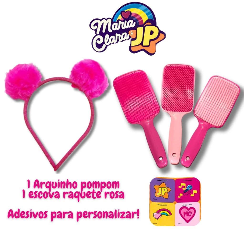 Arquinho pompom rosa e escova Maria Clara e JP com adesivos para personalizar