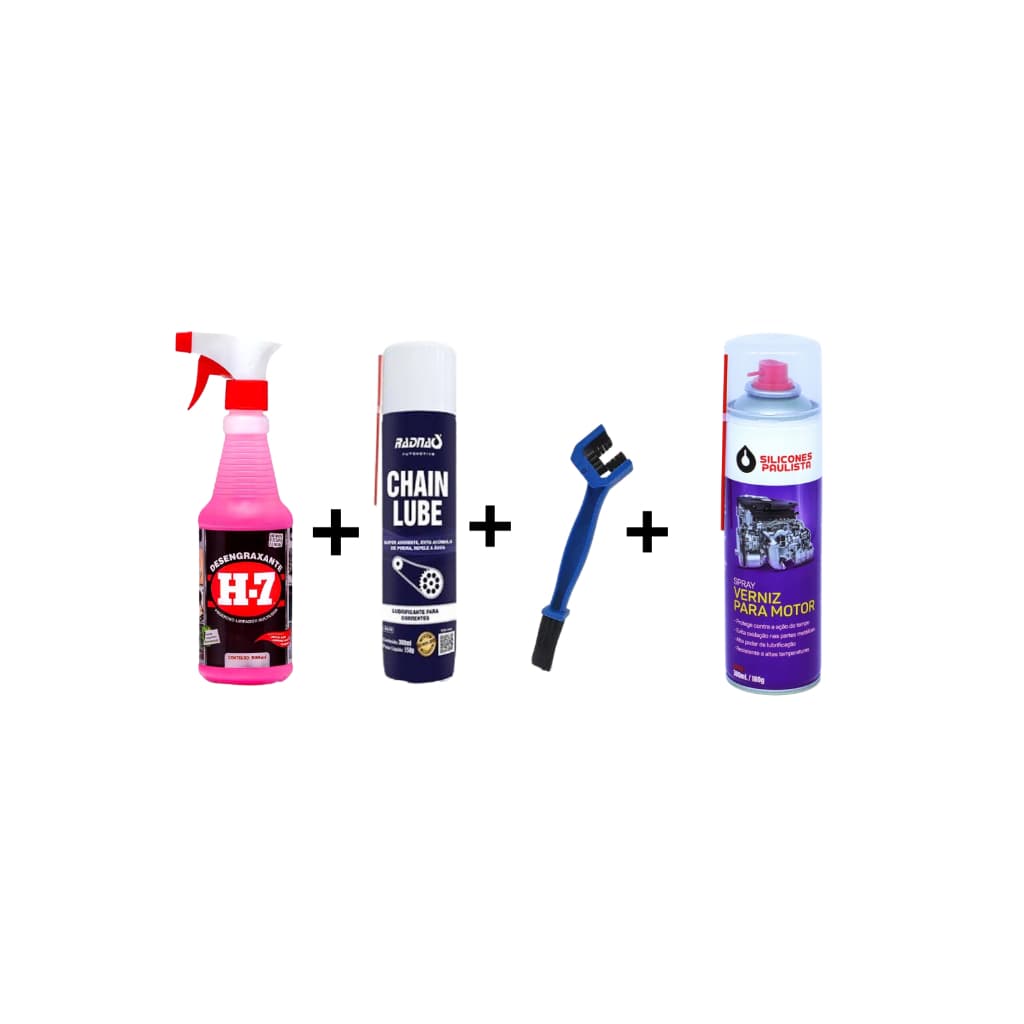 Kit Limpeza Pesada para Motos Desengraxante H7 500ml + Lubrif de Correntes 300ml + Escova para Correntes+Verniz de Motor