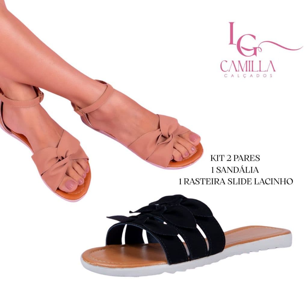 Sandalia Feminina Rasteirinha Kit Dois Pares Rasteira Chinelinho Lacinhos