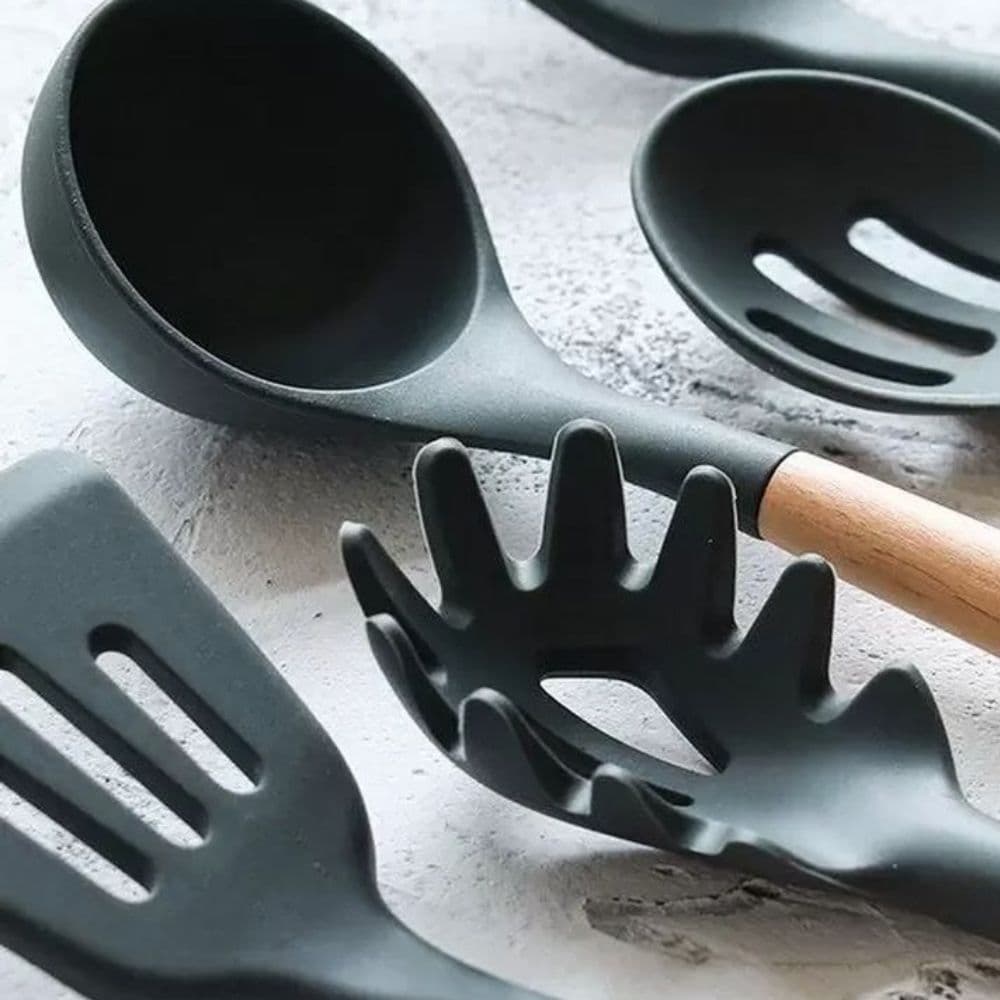 Kit Utensílios De Cozinha Silicone E Madeira Resistente Ao Calor Premium Não Risca Panela