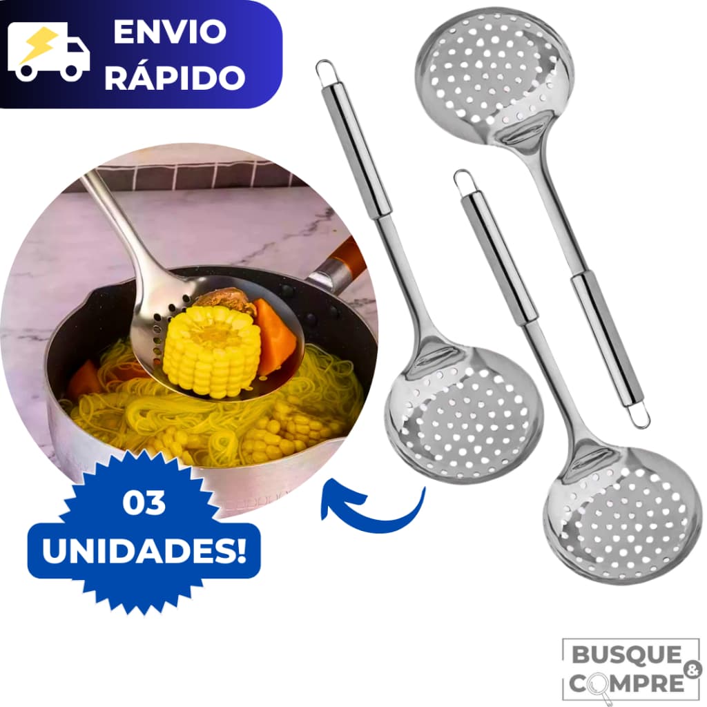 Kit 3 Escumadeiras de Arroz de Inox Grande para Comidas Alimentos com Alça Utensilio Cozinha 34cm