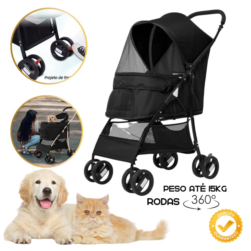 Carrinho Passeio Para Cães Gatos Confortável Rodas 360° Travas Segurança shopping 15kg Pc-101 Preto