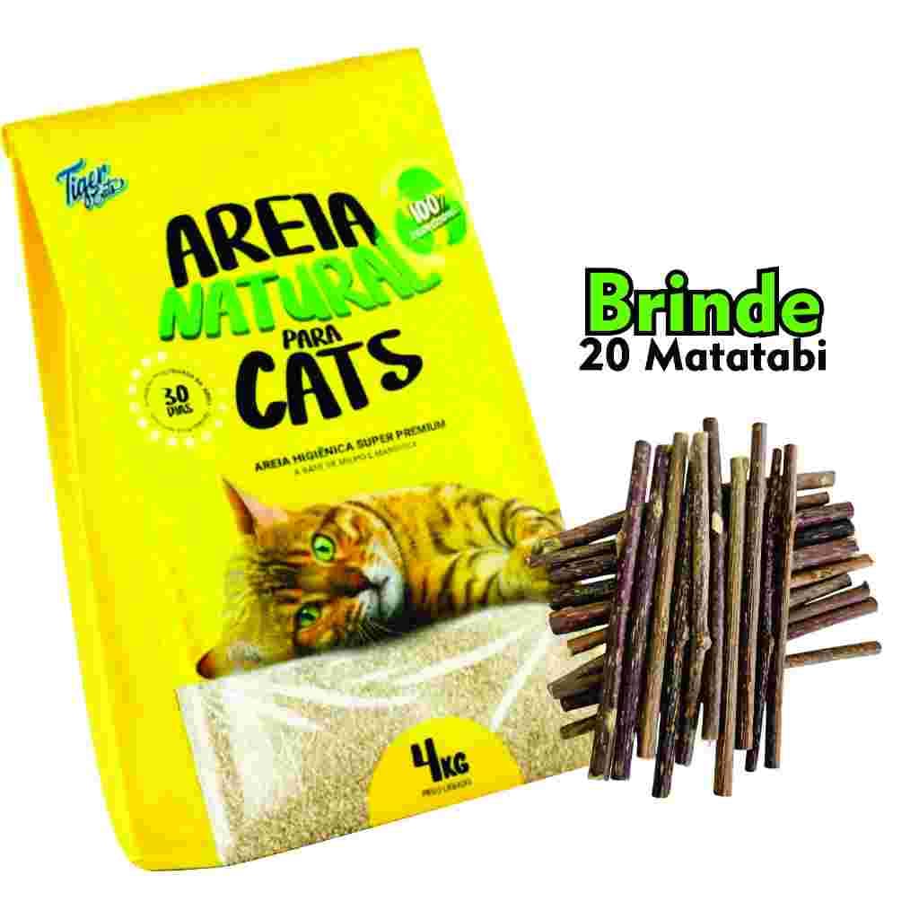 AREIA HIGIÊNICA NATURAL BIODEGRADÁVEL MILHO E MANDIOCA PARA GATOS TIGER CATS 4KG + MATATABI 20 unidades