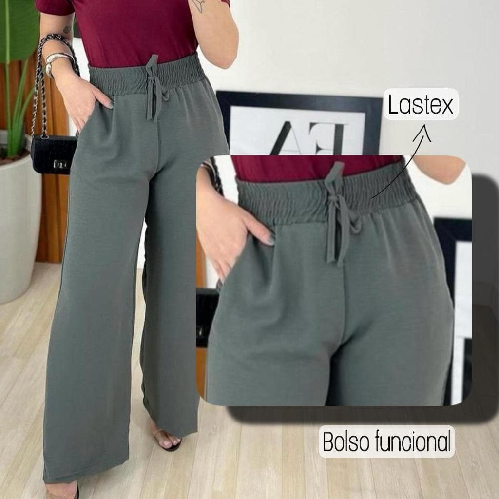 Calça Pantalona feminina cintura alta com bolso