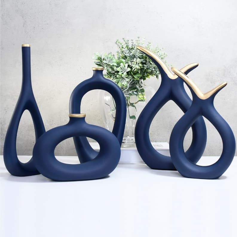 Kit Conjunto 5 Peças Vasos Garrafa Decorativas Cerâmica Enfeites Sala Cozinha Trio Rack Centro Mesa