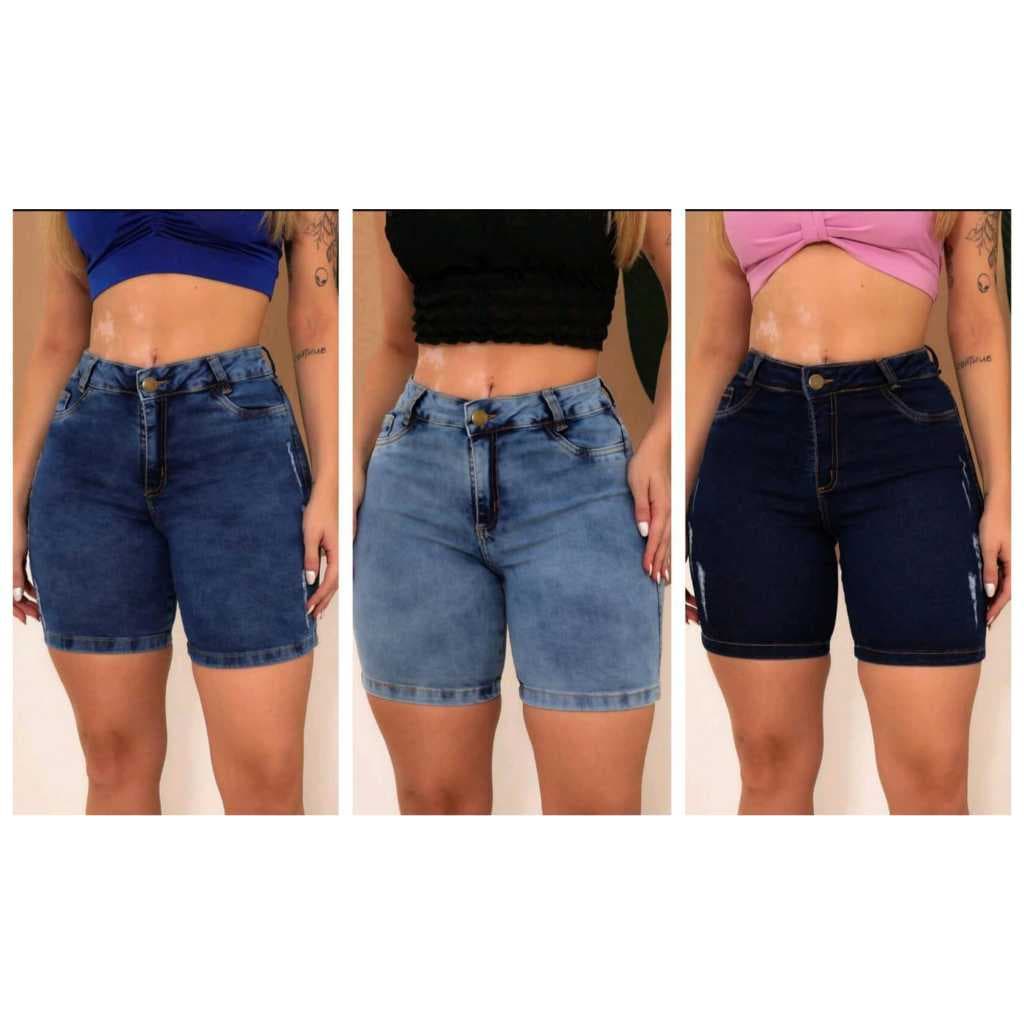 Bermunda Jeans Feminino Cintura Alta Levanta Bumbum