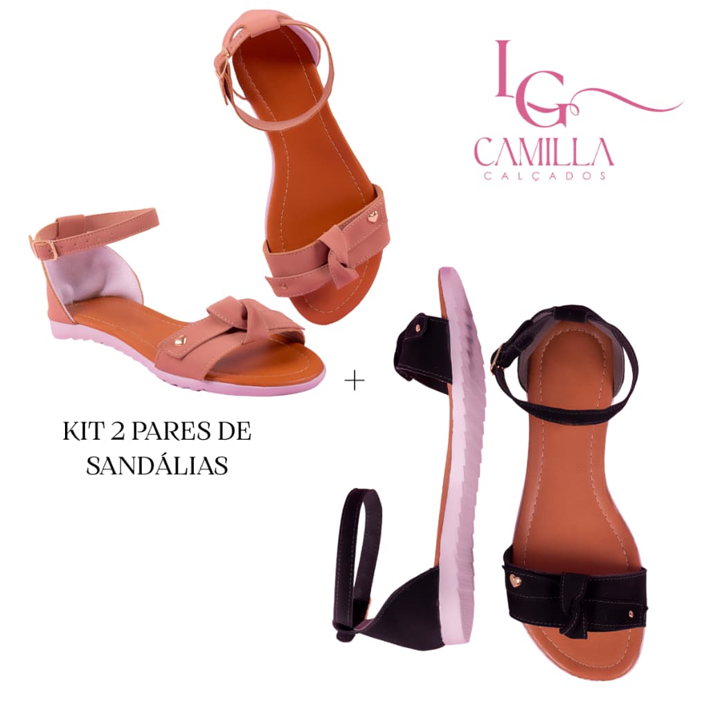 Sandália Feminina Rasteirinha Kit Dois Pares De Sandalias Lacinho Detalhe Coração Cravado Casual Antiderrapante Macia