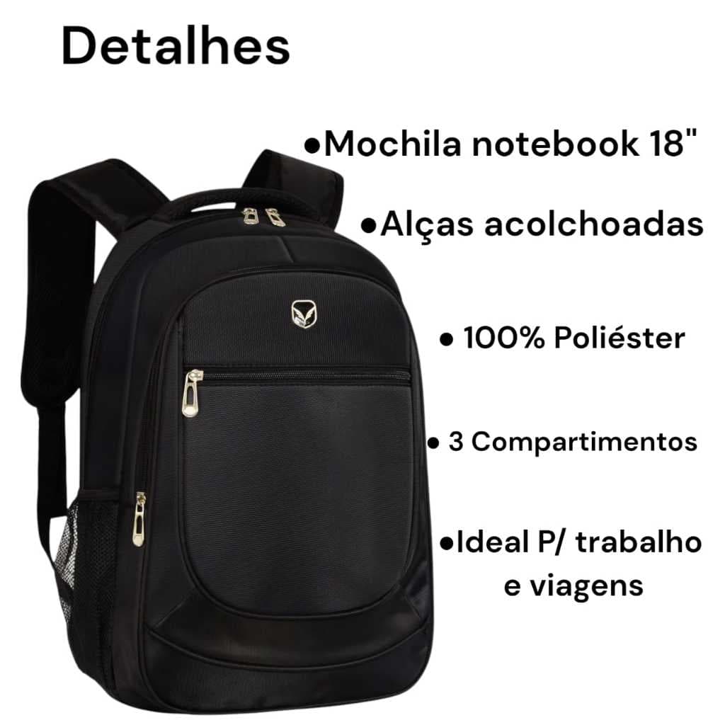 Mochila Preta Grande Forte Reforçada Ideal para Trabalho Faculdade