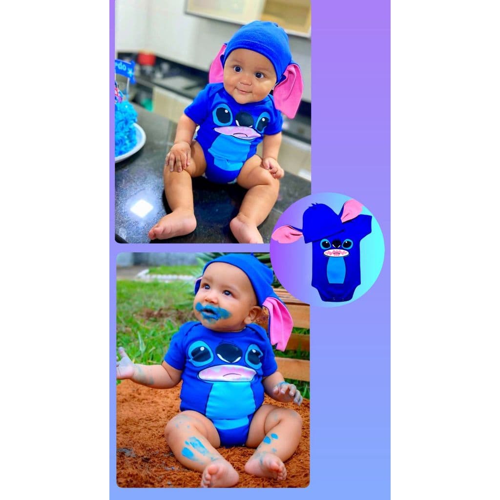 Body temático para mesversario Stitch Fantasia do stitch Body + Touca Fantasia para bebê roupa temática body para bebê