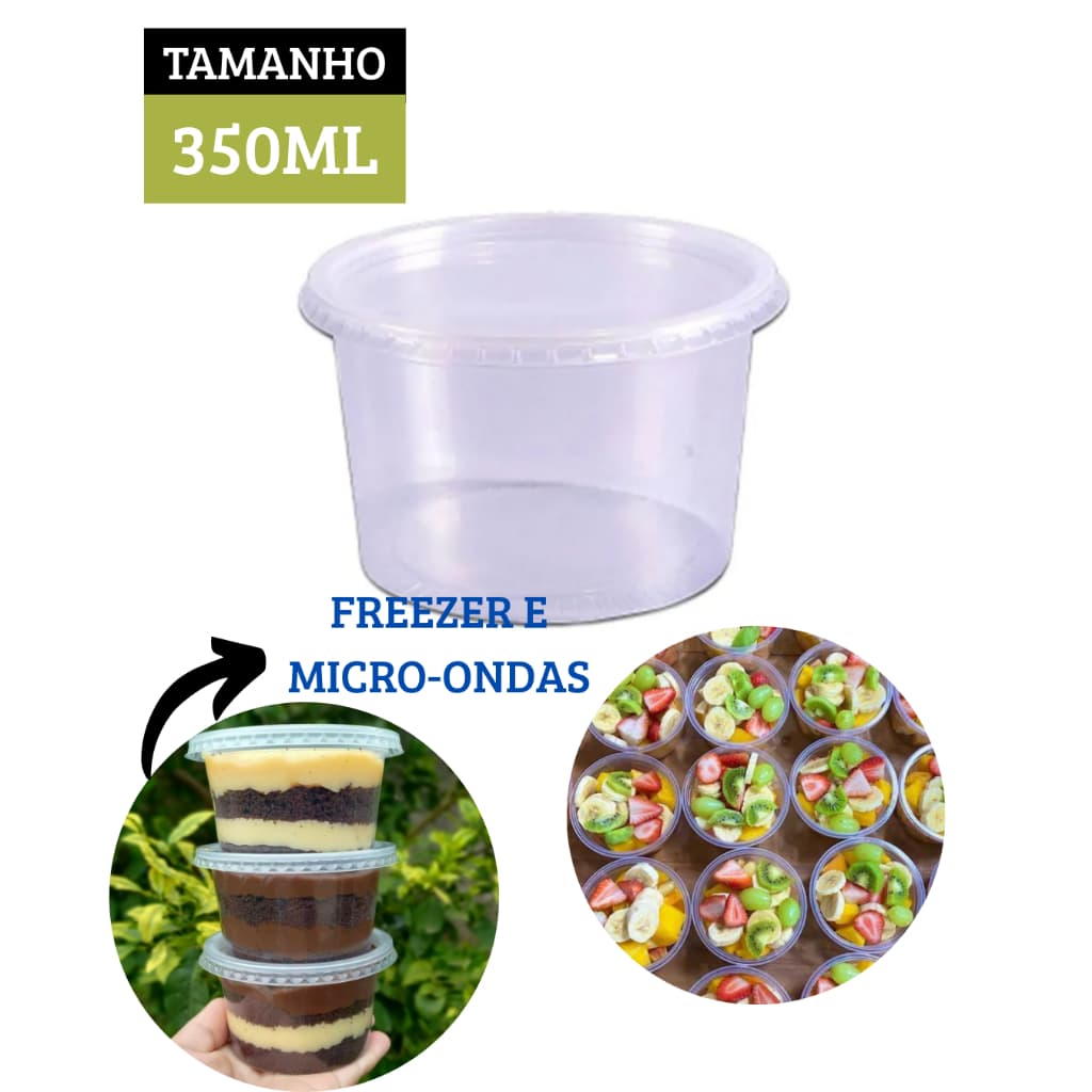 Kit 4 Pacotes de Pote Plástico Redondo 350ml 25un Descartável com Tampa – Compatível com Freezer e Micro-ondas