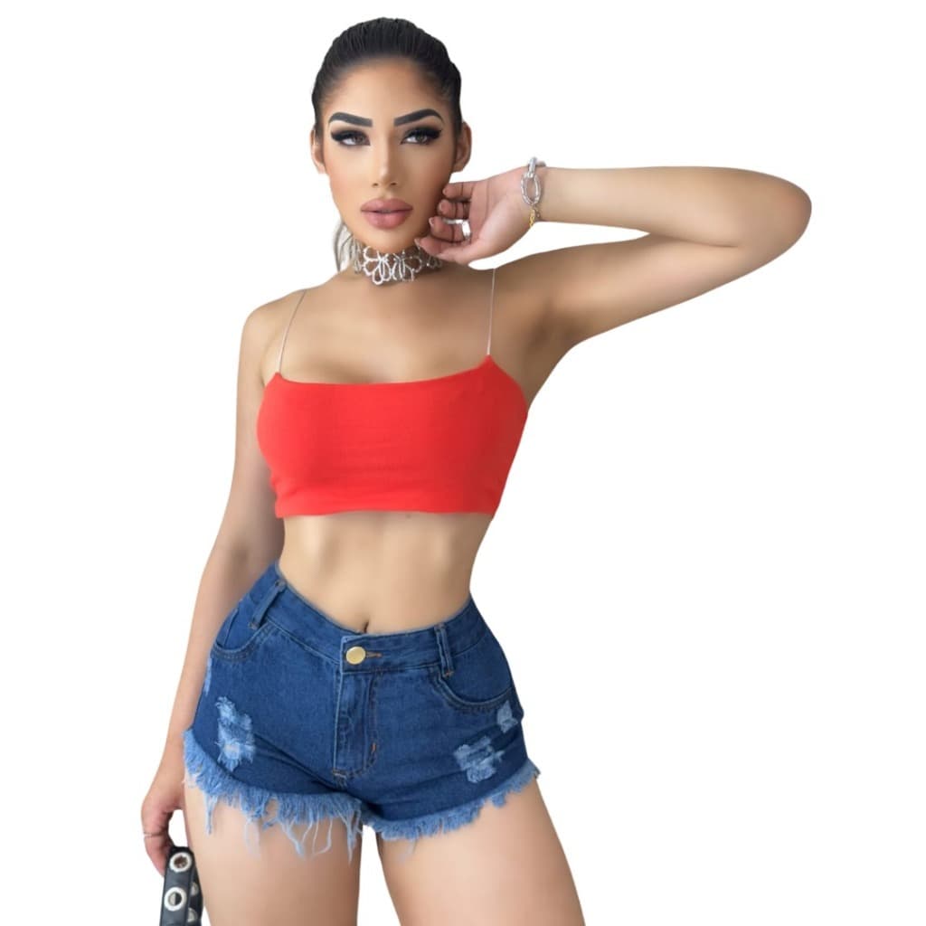 Short Curto Jeans Feminino Cós Alto Barra Desfiada Cor Escura