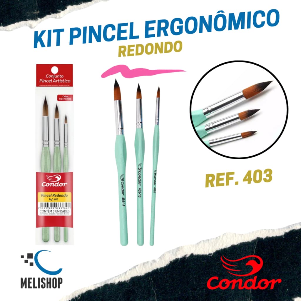 Kit Pincel Redondo Artístico Ref. 403 Tam. 2 10 14 Cabo Ergonômico para Pintura Condor