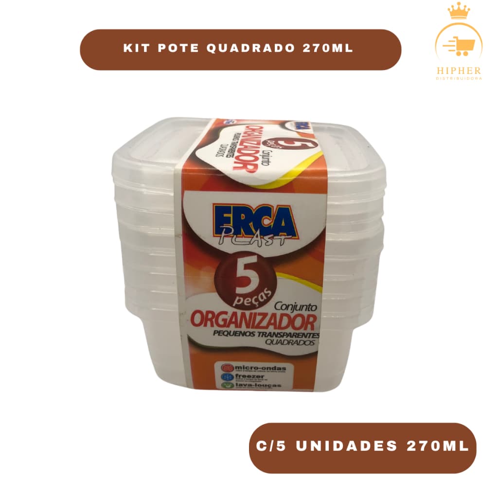 Kit 5 Potes Quadrados 270ml com Tampa – BPA Free, Micro-ondas, Freezer e Lava-louças