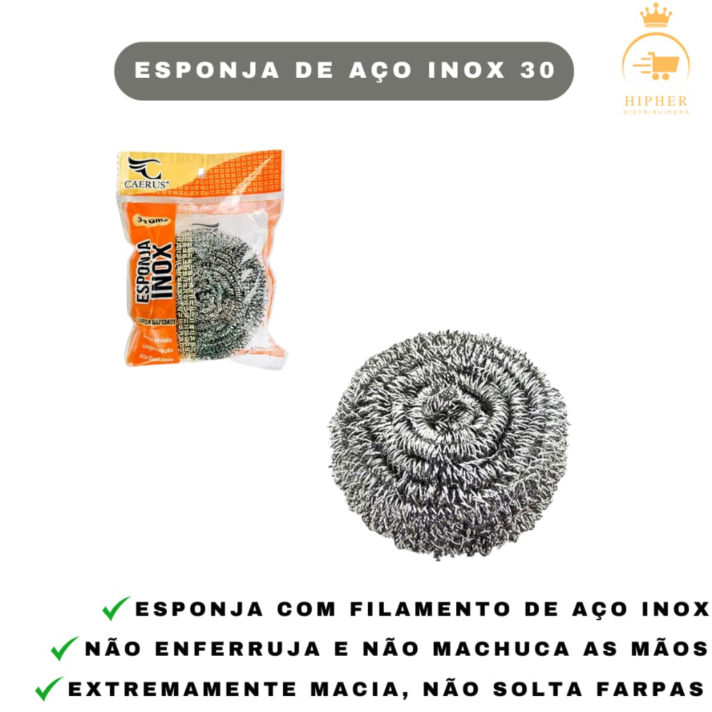 Esponja de Aço Inox 30g Caerus – Limpeza Pesada Sem Danos, Ideal Para Panelas e Grelhas