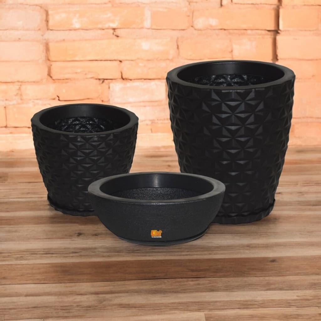 Kit 2 Vasos Diamante 3D Polietileno P/Plantas P, M + Bacia Cuia Nº2 (34X13) C/Prato Coletor