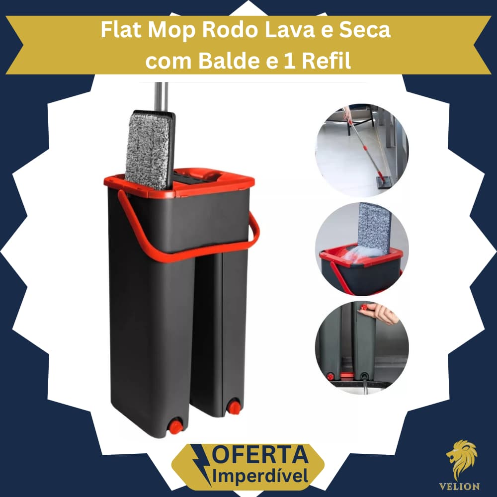 Flat Mop Rodo Esfregão Mágico Lava E Seca Com Balde 1 Refil, Roda, Alça, Balde
