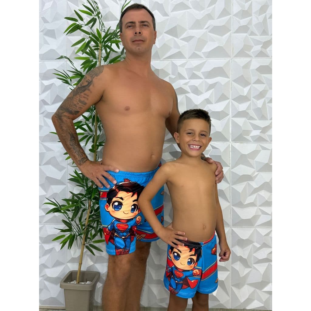 Kit pai & filho samba-canção masculino adulto + samba-canção infantil personagem super heroi