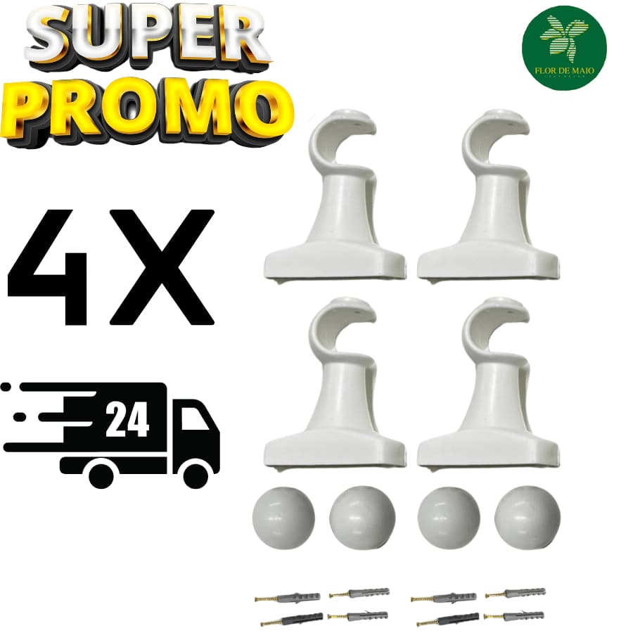 Kit de Suporte Para Cortina Varão Simples Reforçado 4 Unidades Com Ponteira 19mm