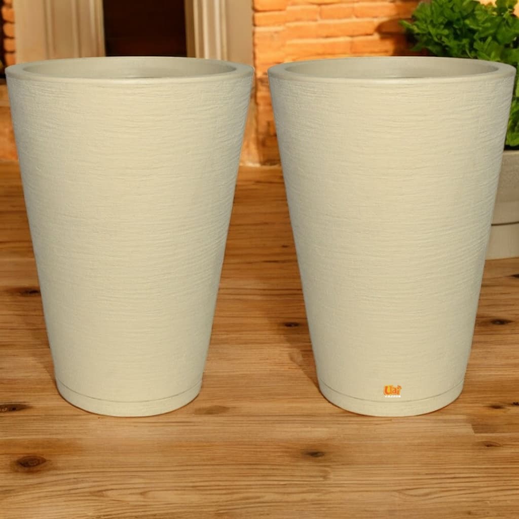 Kit 2 Vasos P/Planta Redondo Cone Texturizado Moderno N°3 (35X49) C/Prato Coletor Decor Casa Jardim