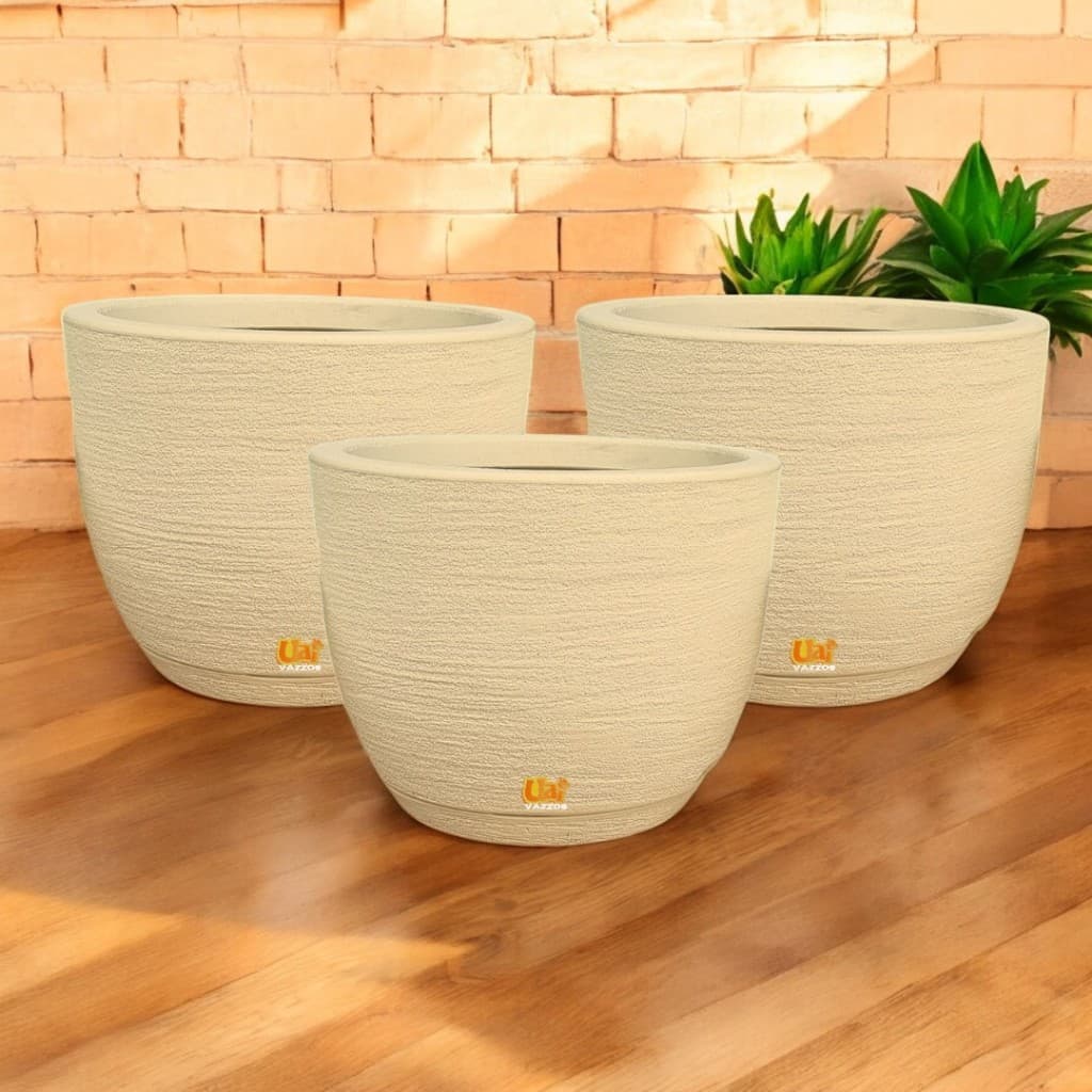 Kit 3 Vasos P/Planta Bojo Escovado Moderno Polietileno N°1 (25X19) Decoração Casa Jardim C/Pratos