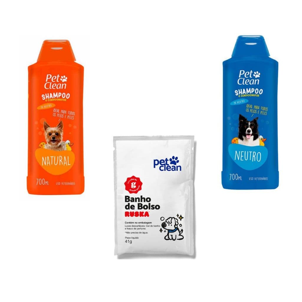 kit banho de bolso + condicionador Natural + shampoo neutro pet clean