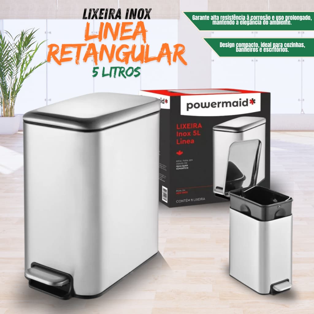Lixeira Inox Linea Retangular 5L Multiuso - Linha Premium, Acabamento Escovado para Cozinha, Escritório e Banheiro