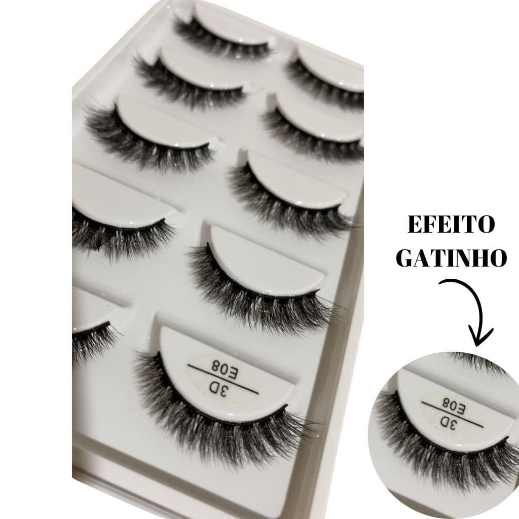 Cartela com 5 Pares de Cílios Postiços E08 Efeito gatinho estilo natural