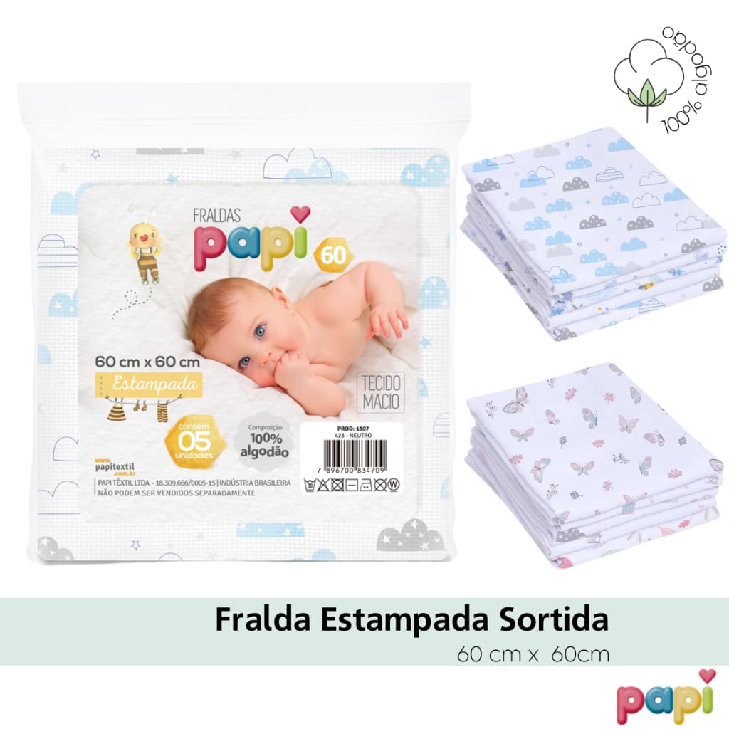 Fraldas de pano - Babete Estampado - Kit com 5 unidades 60x60cm - 100% algodão Papi