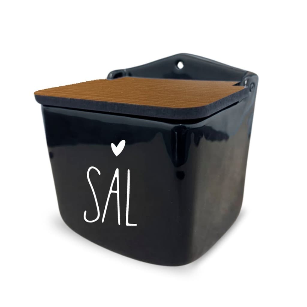 Saleiro Preto de Cerâmica Tampa de MDF Segunda Linha Defeitos Cozinha Decoração SAL CORAÇÃO PRETO