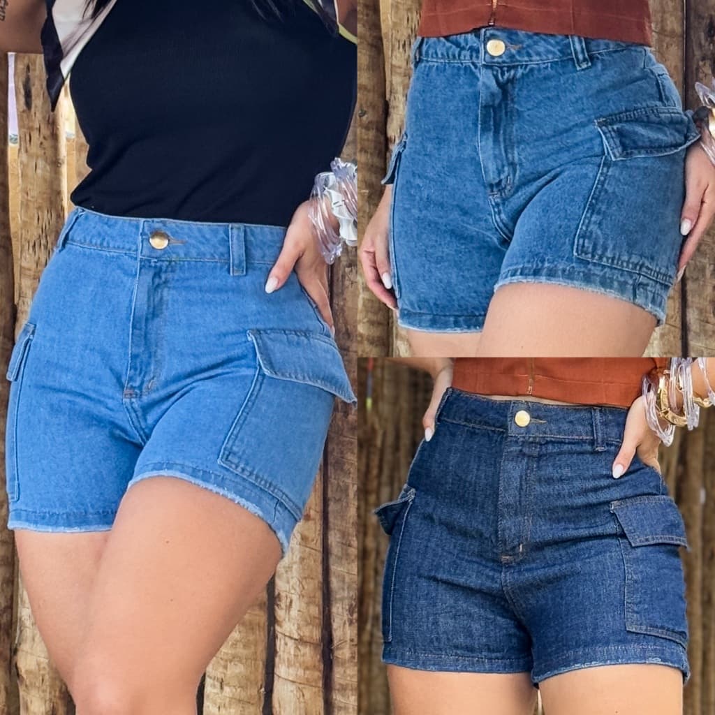 Short Jeans Cargo Moda Gringa Cintura Alta Com Bolsos Laterais Premium