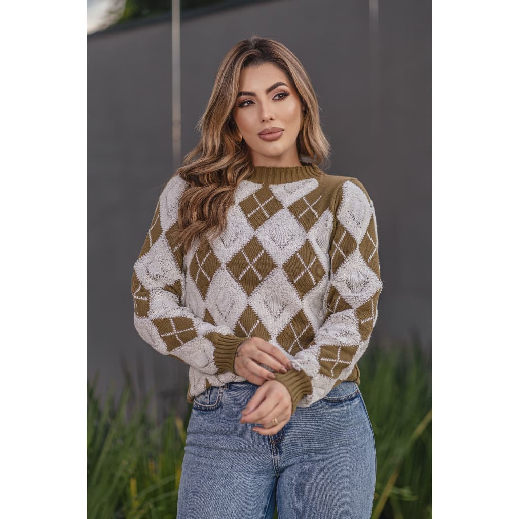 Blusa Feminina de Frio em Tricot Manga Longa com Detalhes de Losango Tipo Escocesa Moda Inverno