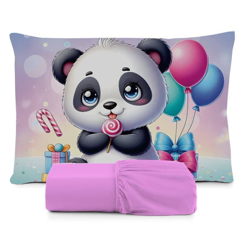 JOGO DE LENÇOL SOLTEIRO INFANTIL PANDA FOFO CORAÇÃO LENÇOL DE ELASTICO