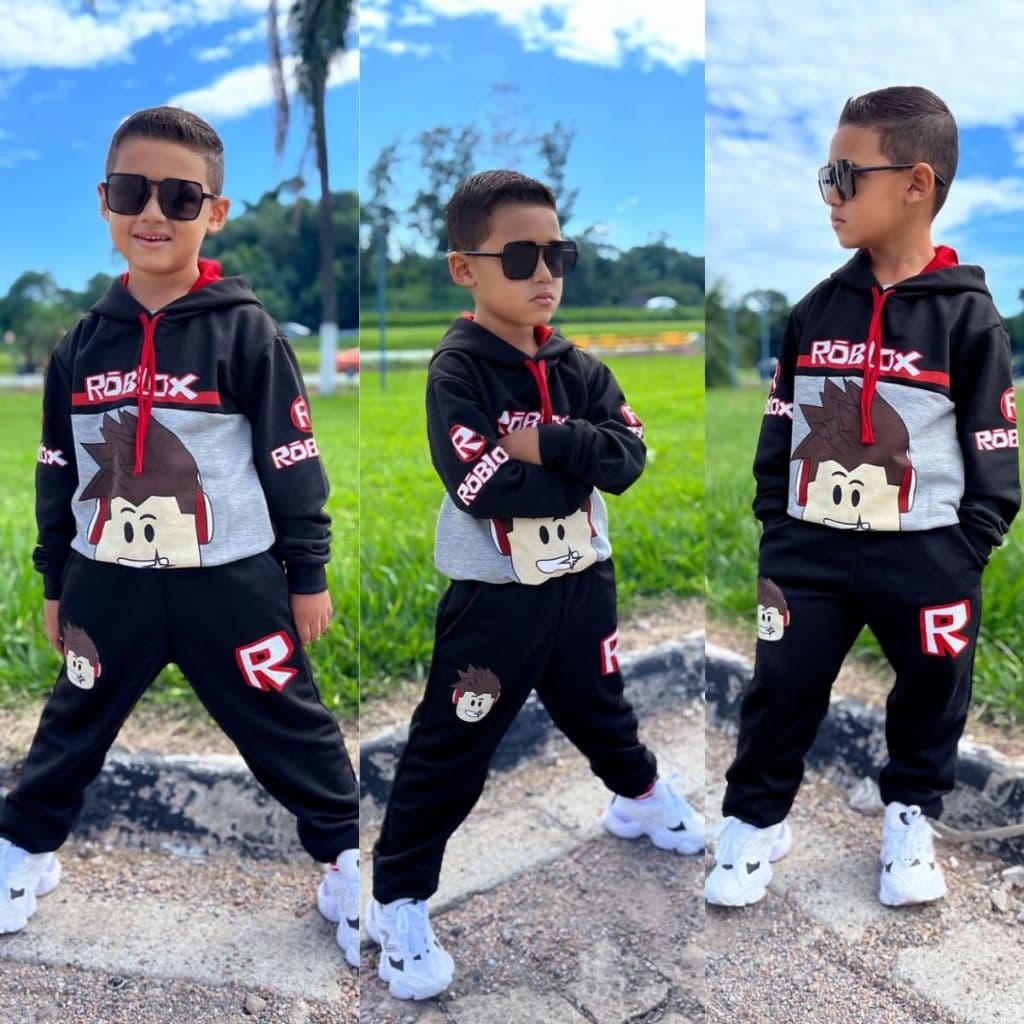 conjunto moletom flanelado roblox com capuz - calça e casaco infantil