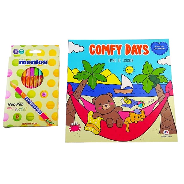 Kit - Caneta Hidrocor Neopen Mentos 12 Cores + Livro de Colorir Comfy Cozy